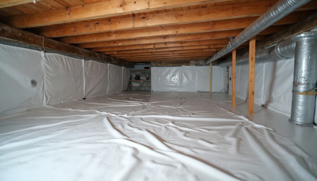 Empty crawl space with thermoregulatory blankets, radon mitigation system. Interior view of modern home improvement project showing encapsulated crawl space. Insulation, waterproofing radon control