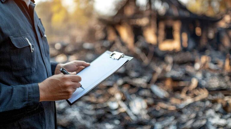 Technician documenting fire damage and property loss assessment with clipboard at burned home site in Northeast Texas.