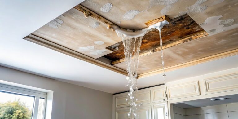 Water damage from ceiling leak with active dripping water and exposed structural damage requiring emergency restoration services in Northeast Texas