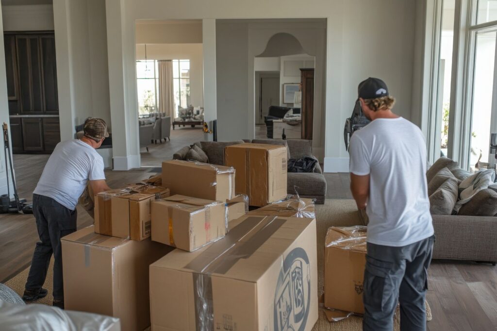 Professional movers packing and handling boxed contents inside a home for property restoration and contents cleaning services in Northeast Texas.
